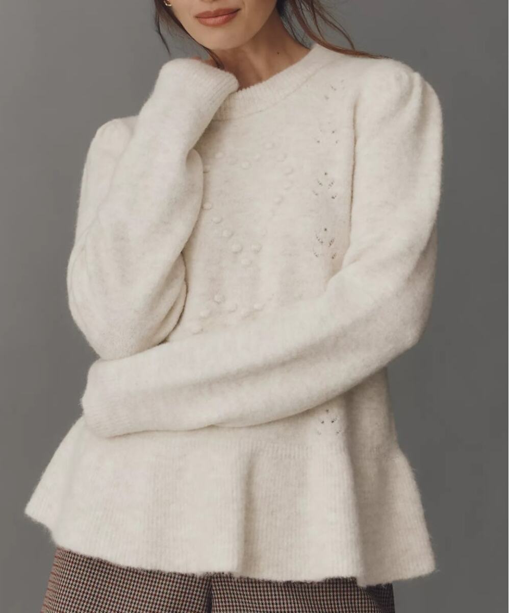 NWT By Anthropologie Cream Heart Ruffled Waist Sweater Wool Blend (XS)